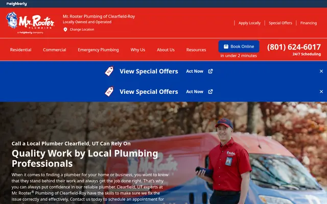 Screenshot of the Mr. Rooter Plumbing of Clearfield-Roy homepage as it appeared on 2026-08-30, captured at desktop width.