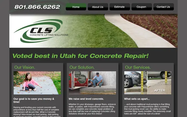 Screenshot of the Concrete Lifting Solutions homepage as it appeared on 2026-08-30, captured at desktop width.