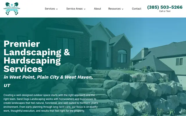 Screenshot of the Sand Dogs Landscaping homepage as it appeared on 2026-08-30, captured at desktop width.