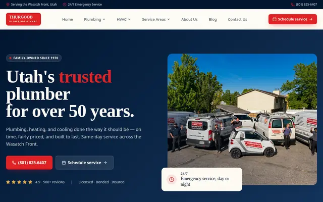 Screenshot of the Thurgood Plumbing & HVAC homepage as it appeared on 2026-08-30, captured at desktop width.