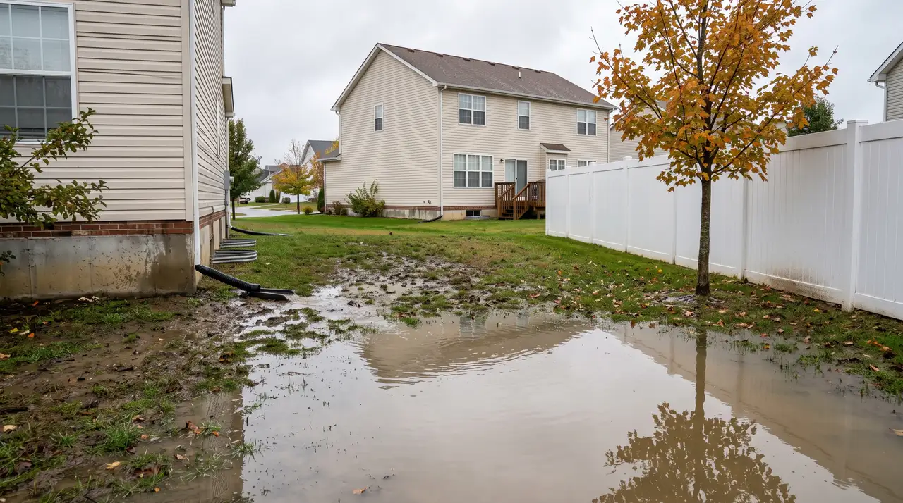 A suburban back yard the morning after heavy rain, with a wide sheet of standing water lying across a low corner of the lawn and a downspout discharging onto saturated ground close to the house.