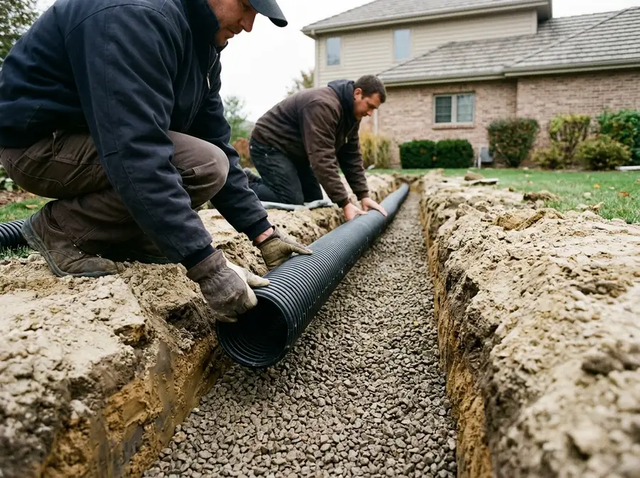 A worker kneeling at the edge of an open trench, seating perforated pipe into a bed of washed stone with both hands.